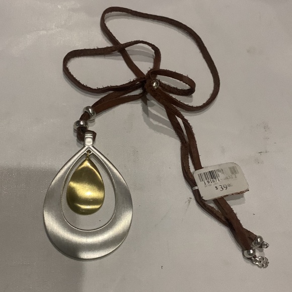 New LUCKY BRAND Two-Tone Cognac Leather Pendant Necklace - Picture 4 of 5